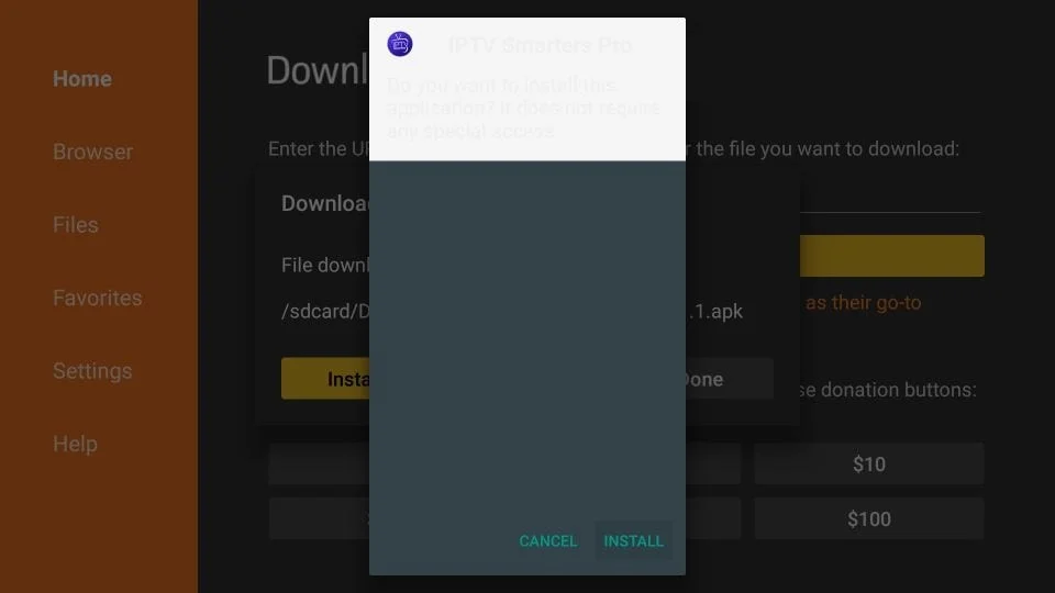 Paso 6 de instalación en Fire TV: Confirmar la instalación de la aplicación