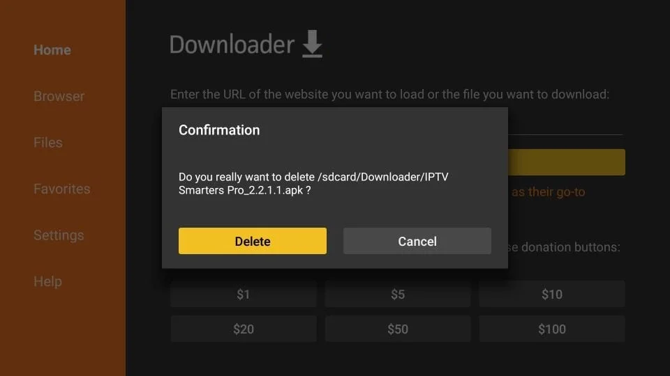 Paso 10 de instalación en Fire TV: Confirmar la eliminación del archivo APK